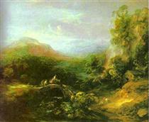 Mountain Landscape with Peasants Crossing a Bridge - Thomas Gainsborough