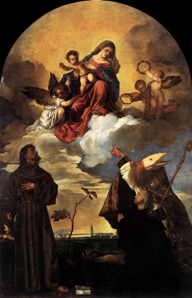 Madonna in Glory with the Christ Child and Sts Francis and Alvise with the Donor, 1520 - Tiziano