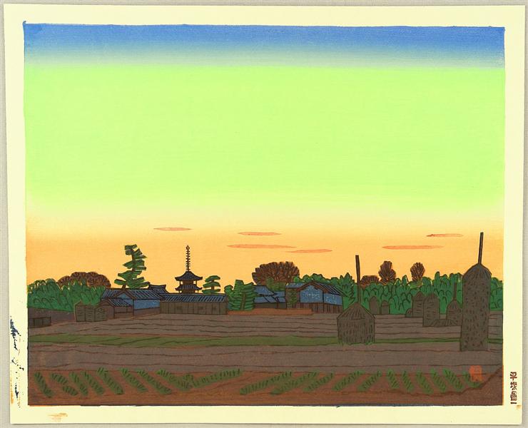 Villege of Horyu Temple in the Sunset Color, 1942 - Unichi Hiratsuka