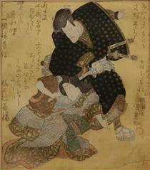 Portrait of the actor Ichikawa Danjuro VII in the role of Jiraiya, the thief and the magician. He wears a black kimono with large gray dots. - Утагава Кунисада