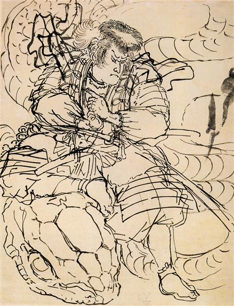 A samurai overwhelming a giant serpent - Утаґава Кунійосі