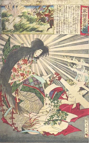 Nine tailed fox Tamamo no Mae, under her beautiful human form (down) - Utagawa Kuniyoshi