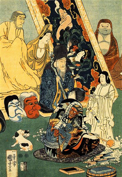 Sculptor Jingoro surrounded by statues - Utagawa Kuniyoshi