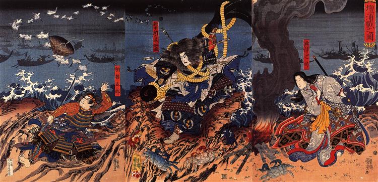 Tamomori tied to a huge anchor ready to cast himself into the sea - Utagawa Kuniyoshi