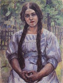 A girl with braids. Portrait of A. A. Dobrinskaya. - Vasili Súrikov