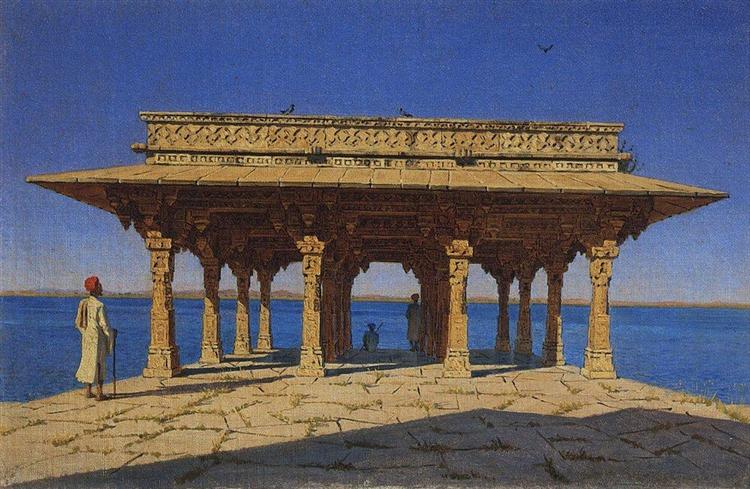 Evening on the lake. One of the pavilions on the marble promenade in Radzhnagar (Principality of Udaipur), 1874 - Vasily Vereshchagin