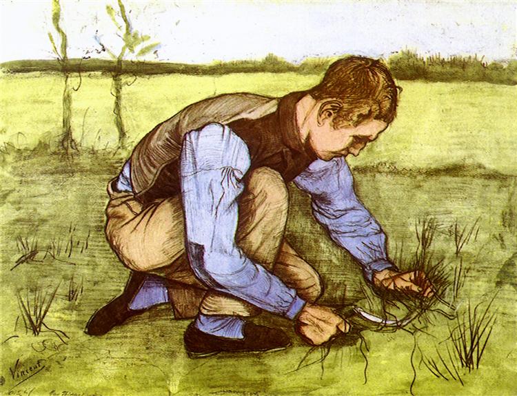 Boy Cutting Grass with a Sickle, 1881 - 梵谷