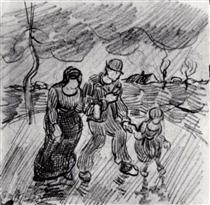 Couple Walking Arm in Arm with a Child in the Rain - Vincent van Gogh