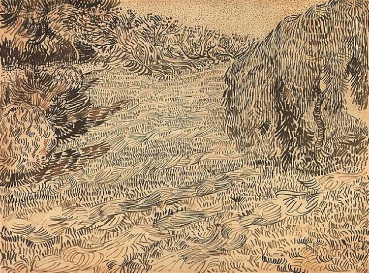 Newly Mowed Lawn with Weeping Tree, 1888 - 梵谷