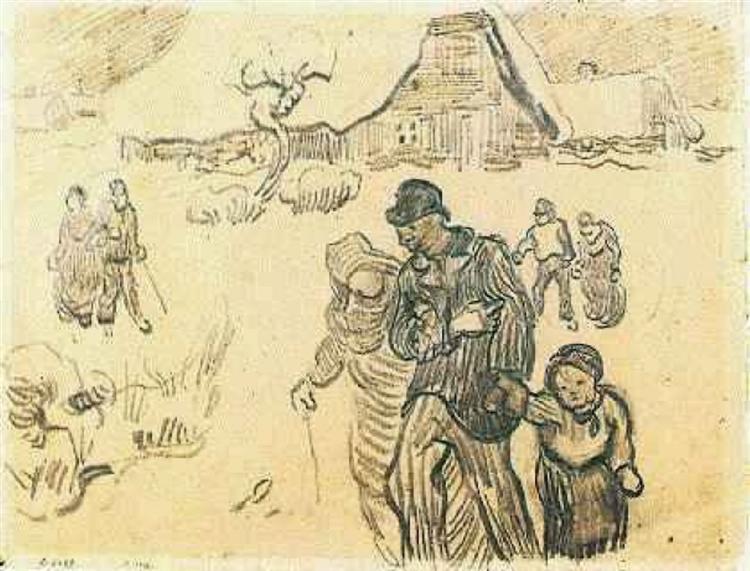 Snow-Covered Cottages, a Couple with a Child, and Other Walkers, 1890 - 梵谷
