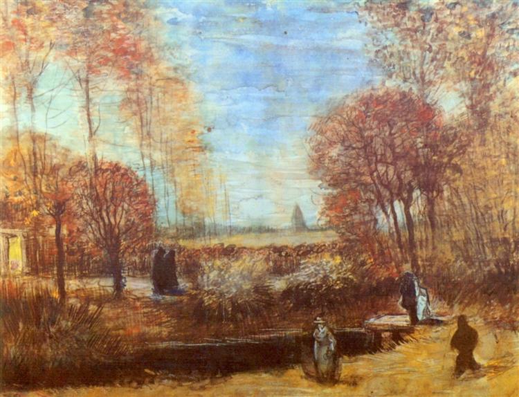 The Parsonage Garden at Nuenen with Pond and Figures, 1885 - Винсент Ван Гог