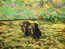 Two Peasant Women Digging in Field with Snow - Vincent van Gogh