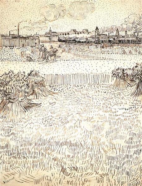 Wheat Field with Sheaves and Arles in the Background, 1888 - Винсент Ван Гог