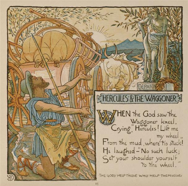 An illustration of the fable of Hercules and the Wagoner, 1887 - Walter Crane
