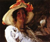 Portrait of Clara Stephens Wearing a Hat with an Orange Ribbon - Вільям Мерріт Чейз