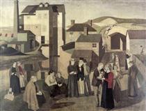 A Scene in a Village Street with Millhands Conversing - Winifred Knights