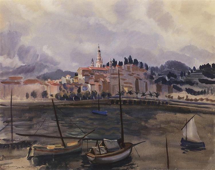 Menton. View from the harbor of the city, 1930 - Zinaida Serebriakova
