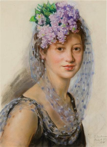 Portrait of Berthe Popoff in a floral fascinator, 1941 - Zinaïda Serebriakova
