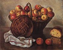 Натюрморт з яблуками та круглим хлібом - Зінаїда Серебрякова